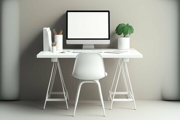 Front view of a contemporary workplace with a white laptop, an empty computer, chairs, and other supplies. a mockup. Generative AI