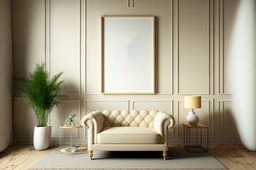Big frame mockup in stylish beige interior space,. Generative AI