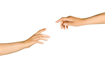 Two isolated hands on a white background try to touch their fingers. Beautiful hands, elegant gesture. Human isolated hands heading towards each other