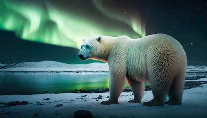 Fotobehang Polar bear in landscape under polar lights © neuralcanvas