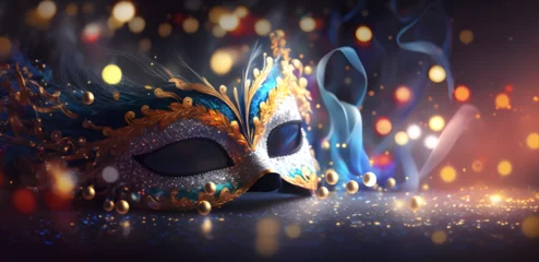 Foto auf Acrylglas Carnival, Venetian Mask on a dark table, Mardi Gras, Masquerade Disguise Party, Shiny Gold Background Banner, Illustration generativ ai © Luc.Pro