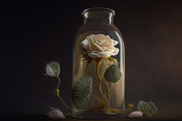 still life with a bottle of wine and white roses - glass bottle white roses love mother - generative AI