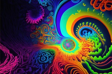  a psychedelic image of a rainbow swirl with a black background and a black background with a blue, red, yellow, green, and orange swirl.  generative ai