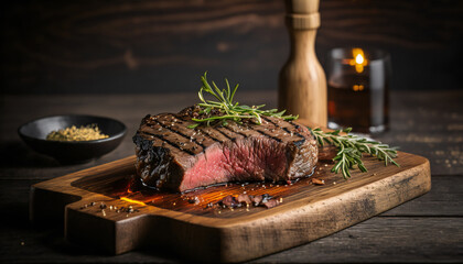 Grilled beef steak on wooden, juicy beef steak, cooked medium rare, with a charred exterior and a warm, pink center. garnished with a sprinkle of salt and cracked black pepper, and fragrant herbs.