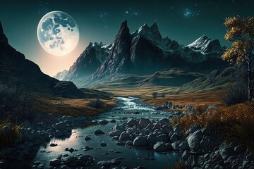  a painting of a mountain landscape with a river running through it and a full moon in the sky above the mountain range, with a river running through it.  generative ai