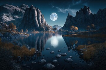  a painting of a mountain lake with a full moon in the sky and a few rocks in the water and grass in the foreground.  generative ai