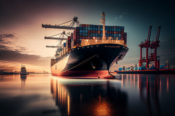 Container vessel by Mediterranean Shipping. Container Ship with containers in port. Cargo ships with Shipping containers in harbour. Shipping container transportation by sea. Ocean Freight Cargo.