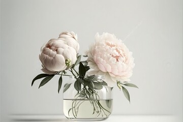  a vase filled with flowers on top of a white table top next to a white wall and a white wall behind it with a white wall in the background.  generative ai