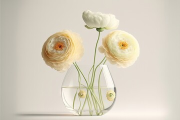  three white flowers are in a clear vase with water in the bottom of it and a few yellow flowers in the middle of the vase.  generative ai