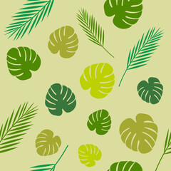 seamless pattern with Monstera leaves and tropical leaves of different sizes. Floral print. Pattern for background, packaging, decor, wallpaper, textile.