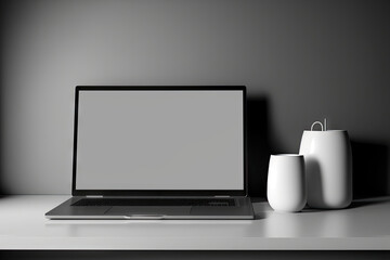White table with laptop for distance learning or working. Black laptop with a gray background and a blank display layout template. workstation for an office in a home. Generative AI