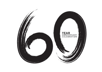 60 year anniversary celebration logotype black paintbrush vector, 60 number design, 60th Birthday invitation, anniversary template, logo number design vector, calligraphy font, typography logo
