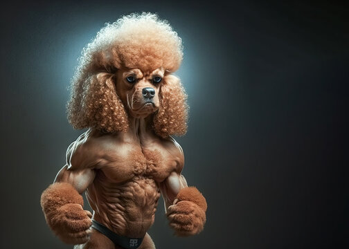  Toy apricot poodle dog, muscular ripped and shredded. A bulldog that has visible muscle definition and tattoos. Generative image of a dogs head on a humans body. Digital art.