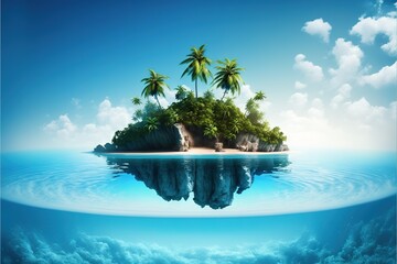  an island in the middle of the ocean with palm trees on top of it and a cave in the middle of the water with a cave in the middle.  generative ai