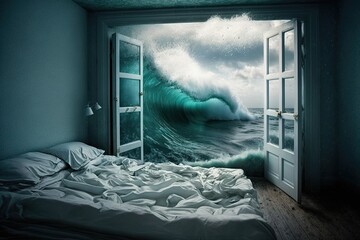  a bedroom with a large wave coming out of the window and a bed with a white comforter and pillows on the floor, and a door open to the ocean.  generative ai