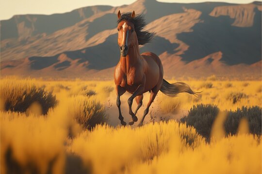  a brown horse running through a field of tall grass with mountains in the background in the daytime hours of the image is digitally rendered in 3d.  generative ai