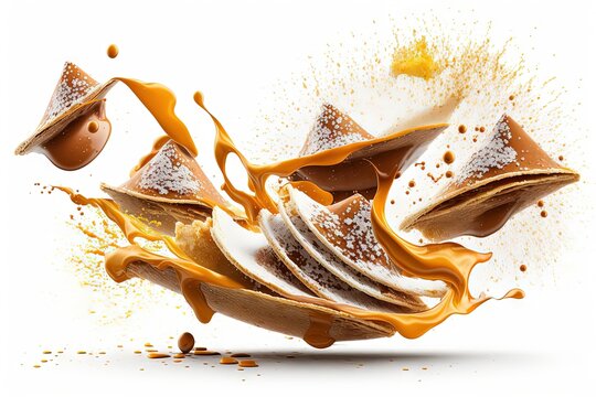  a piece of cake is falling into the air with a splash of caramel on top of it and a piece of cake on the ground.  generative ai