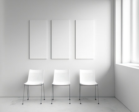 Three Free White Chairs Against A White Wall In An Office Or Room, Free Space. Generative AI