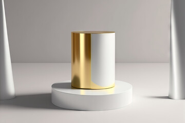White and light gray drawing of a cylinder podium or stand for displaying products in a flat lay, as well as a minimalist, elegant backdrop with a golden line are all used in this shot. Generative AI