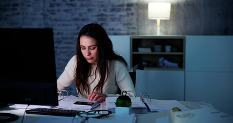 Accountant Woman In Office At Night