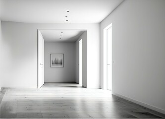 Bright empty room interior with empty white wall, oak wooden hardwood floor. Concept of spacious place made for creative idea. Generative AI