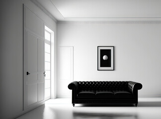 White room is empty and has a black leather sofa. Minimalist design idea. Generative AI