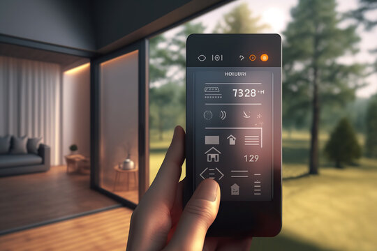 Indoor modern automated house with a mobile thermostat app. Generative AI