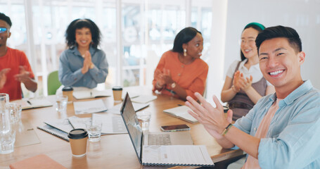 Applause, audience and business people in a meeting or presentation for finance growth, profit and goal achievement in a creative office. Men and women happy and excited to celebrate news or speech