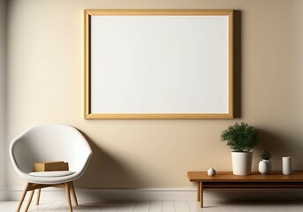 Front camera view of a pleasant interior illustration of a blank A1 poster mockup design template with a horizontal wooden frame. Generative AI