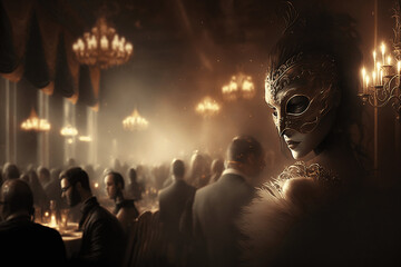 people in the masquerade ball, one woman in masquerade - obrazy, fototapety, plakaty