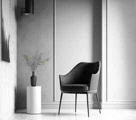 Accent chair with a table and an empty wall in plaster stucco microcement. Black and white colors gray interior design. Mockup modern loft room for art. Gallery or exhibition space. Generative AI