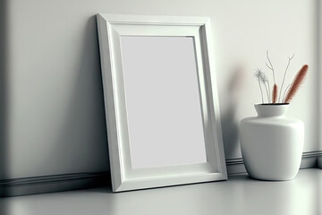 mock up photo frame on white wall,. Generative AI