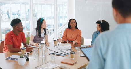 Applause, audience and business people in a meeting or presentation for finance growth, profit and...