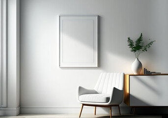 White living room interior with armchair and bench on carpet, sideboard with minimalist art decoration, hardwood floor. Mockup copy space empty wall. Generative AI