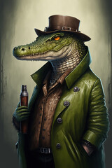 Anthropomorphic stylish Crocodile wearing a human leather coat fashion design, art illustration 
