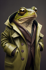 Anthropomorphic stylish Frog wearing a human leather coat fashion design, art illustration 