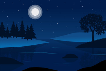 Night landscape with.a lake and forest. Vector illustration. 