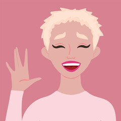 Happy laughing young blonde woman. Says Hello. Smiling. Flat style. Female. Laugh