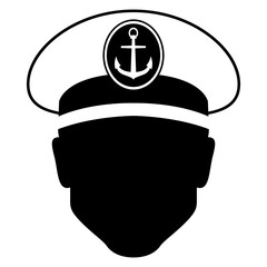 Icono avatar. Silueta aislada de cabeza de hombre con sombrero de capitán de barco	