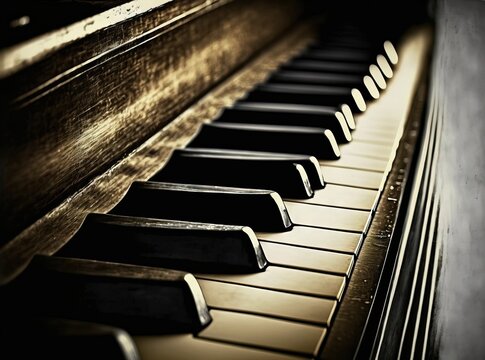 keyboard of a vintage grand piano up close. Generative AI