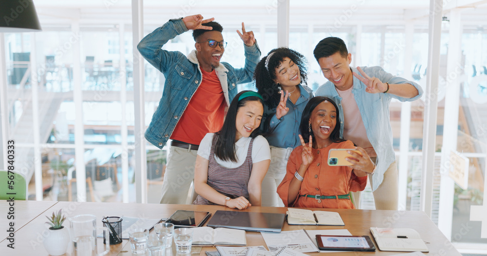 Poster smile, friends and selfie with business people and phone for teamwork, diversity and support. social