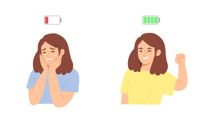 PrintYoung woman with low and full of battery life. Concept of energy, mental health, state of mind, expression. Tired and lively character gesture. Flat vector illustration cartoon.  © Madua