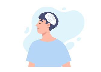 Happy man with peaceful mind and arranged thought in head. Concept of mental well-being, healthy, calm, cognitive therapy, self awareness, positive thinking. Flat vector illustration character.