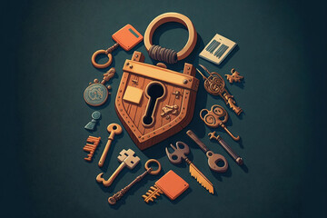 vintage keys and padlock overhead lay flat composition security concept. Generative AI