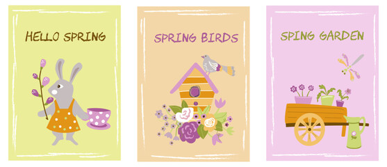 Hello  spring. Collection of seasonal cute postcards.Vector illustration