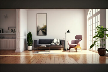 Fototapeta premium Modern interior background, wall mock up, 3d render. Generative AI