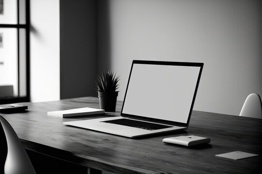 Mockup workspace with a white screen On a wood table, with a blurred background of an indoor co working area, is a laptop and wireless mouse. Image. Generative AI