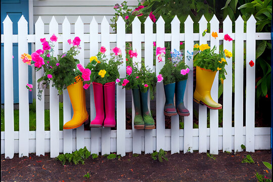 Flowers planted on colorful wellington boots hanging from a garden fence, generative AI