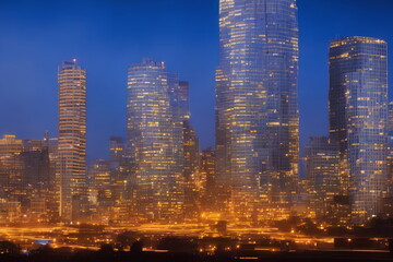 Fototapeta na wymiar Illustration of modern American city with skyscrapers, Generative AI