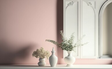 Elegant vacant room with close up of the window, traditional shutters, glass vase holding flowers, and white radiator. Interior design concept idea mockup on pink wall background with copy space